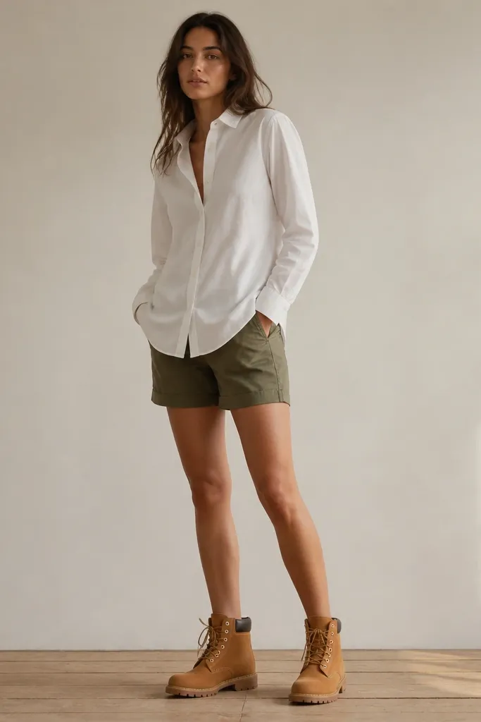 Women’s timberland boots in caramel brown paired with olive chino shorts and a crisp white poplin shirt left slightly untucked; the shirt hem drapes over the shorts.