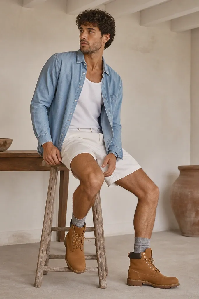 Timberland boots in caramel brown with white shorts and a chambray overshirt worn open; visible thin socks in heather gray peek above the boot collar.