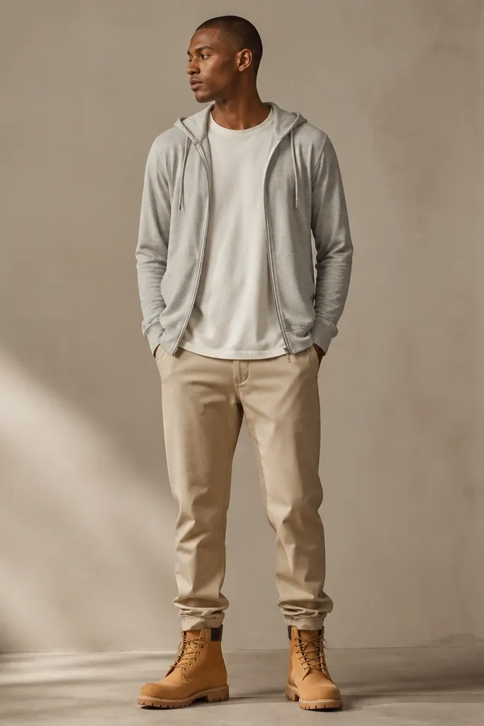 Timberland boots in tan with khaki tapered pants and a light gray zip hoodie worn open; fabric looks thin and breathable, with the pants slightly stacked at the ankle.