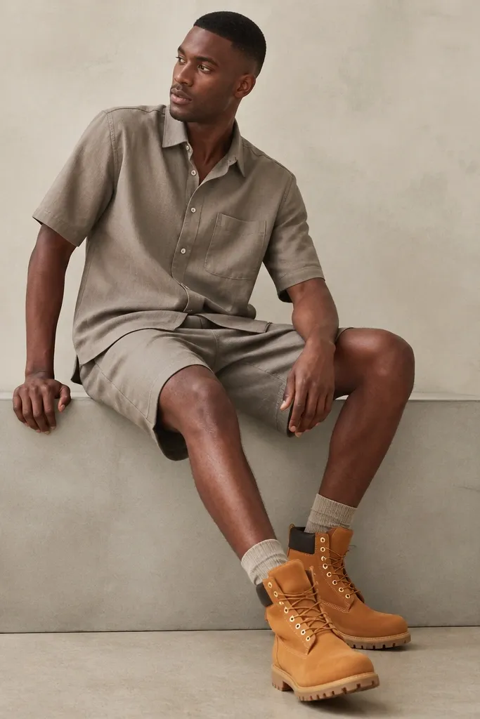 Timberland boots in caramel-tan with a taupe short-sleeve shirt and matching taupe shorts; the fabric textures differ slightly, and the boots are the richest color in the look.
