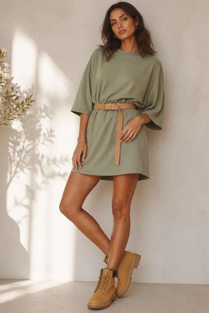 Timberland boots in wheat-brown worn with an oversized sage tee dress cinched at the waist using a tan belt; the dress hem falls to mid-thigh and the sleeves are relaxed.