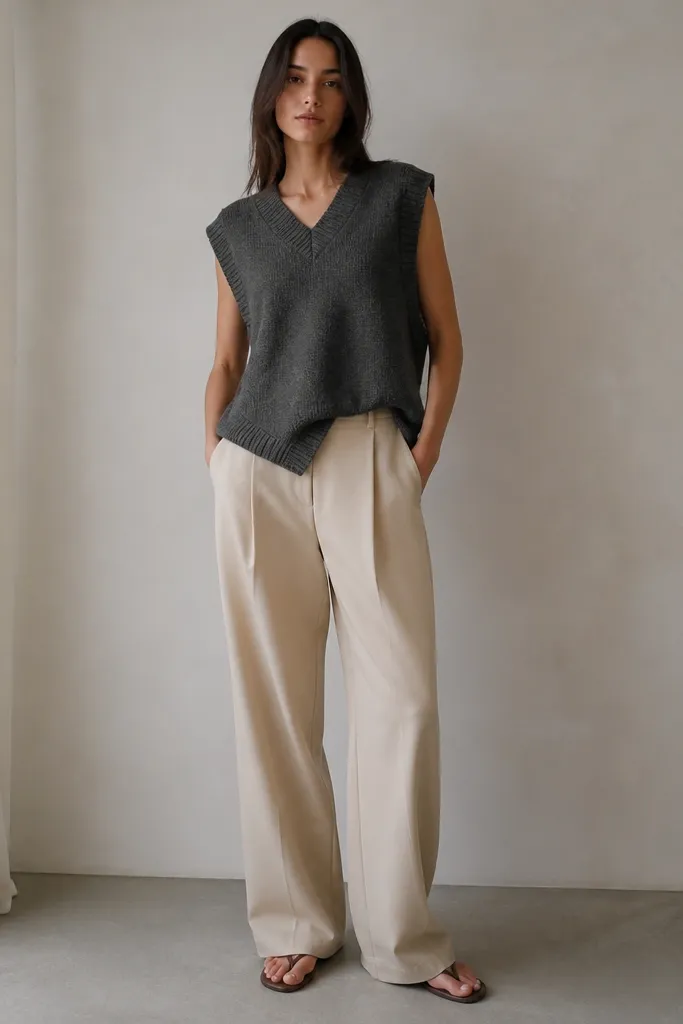 A full-body photo of a sweater vest that hits right across the widest hip area; the hem looks uneven and draws attention to the midsection.