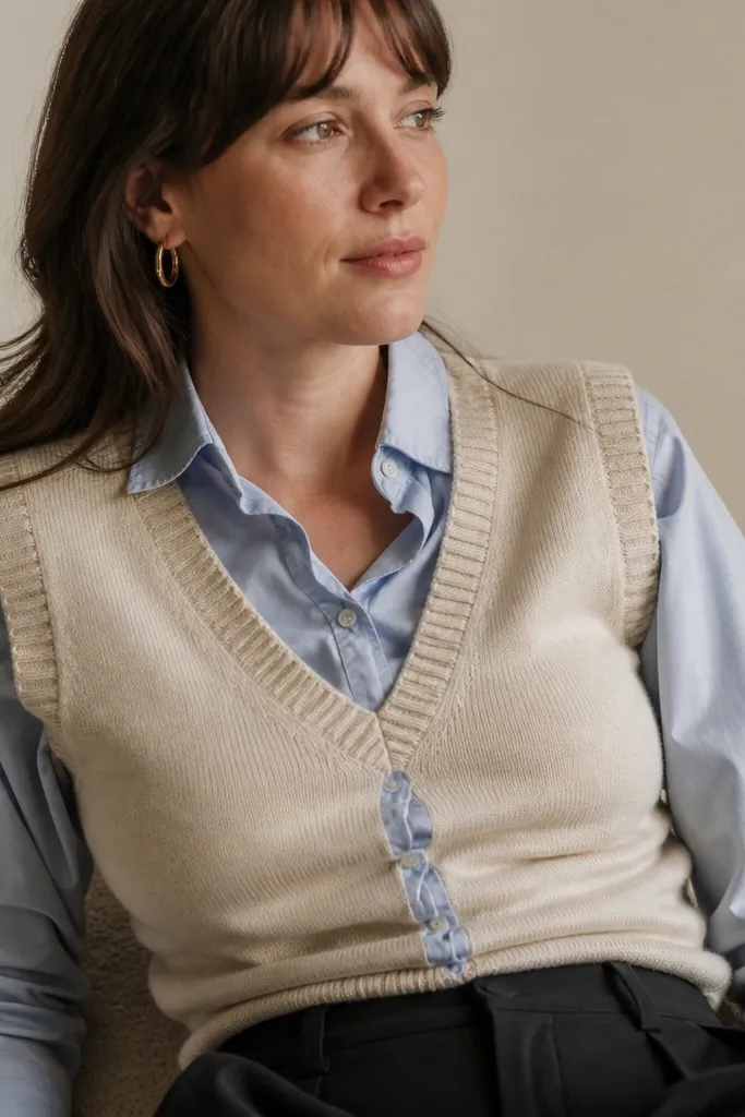 A woman wearing a light blue button-down under a cream sweater vest; the shirt’s front looks wrinkled and puffy where the buttons meet the vest.