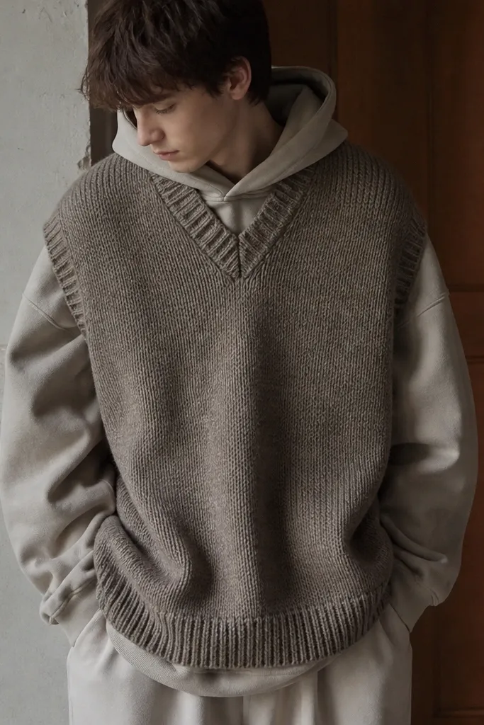 A bulky sweater vest layered over a thick hoodie; the outfit looks oversized and the waistline disappears.