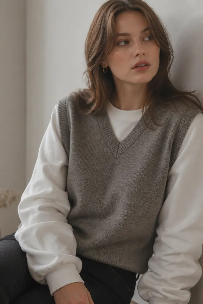 A woman wearing a sweater vest over a long-sleeve; the sleeves bunch at the cuffs and the forearms look bulky.