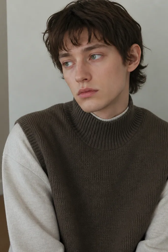 A crewneck sweatshirt peeking under a high-neck sweater vest; the neckline looks cramped and tight at the throat.