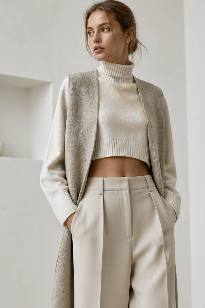 A long sweater vest worn over a short, cropped sweater; the torso looks segmented and the waistline is confusing.