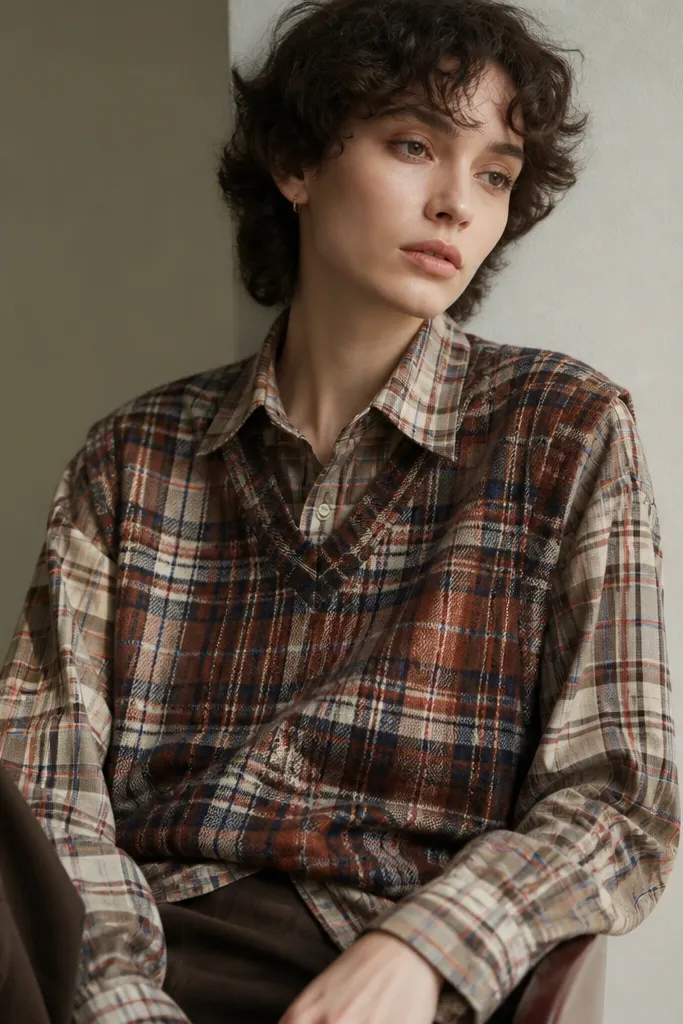 A plaid sweater vest layered over another plaid shirt; the lines overlap chaotically with no clear scale difference.
