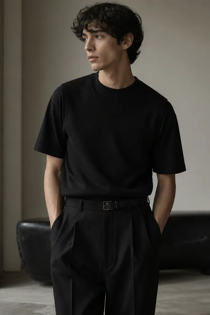 A fully black outfit with a black sweater vest over a black tee; the neckline blends together and the vest texture doesn’t stand out.