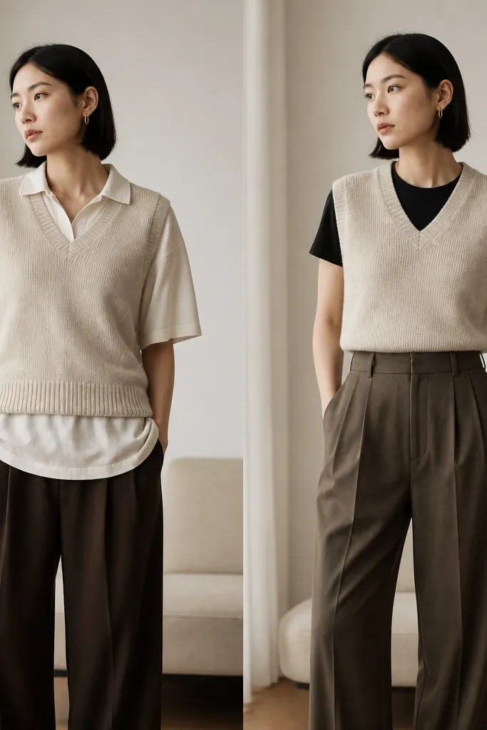 Before: a light beige sweater vest worn over a loose untucked polo with the hem floating at mid-hip. After: the same vest is layered over a tucked black tee, and the vest hem lands right at high-waist trouser waistband level; the silhouette looks longer and cleaner.