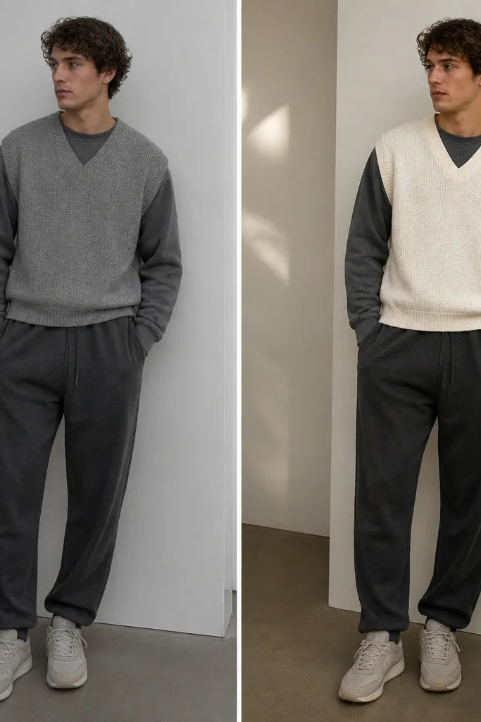 Before: an all-gray outfit with a gray sweater vest layered over a gray sweatshirt and gray joggers. After: the base stays charcoal, but the vest becomes a cream knit sweater vest; the dark pants remain, and the contrast makes the outfit look intentional.