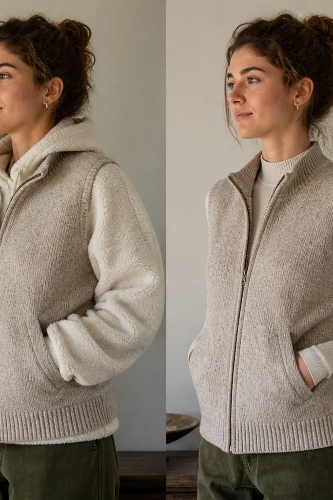 Before: a chunky oatmeal vest over a thick fleece hoodie, creating a bulky mound at the chest. After: the same vest is worn over a thin ribbed long-sleeve mock neck, and the shoulders look smoother with a flatter chest line.