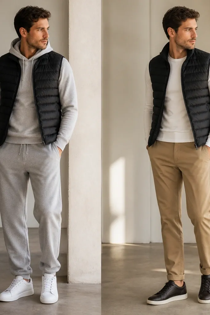 Before: a casual outfit with a black vest over a hoodie, paired with gray sweatpants and plain white sneakers. After: the hoodie is replaced with a fitted long-sleeve tee, the pants become tan chinos, and the sneakers are swapped for dark leather sneakers or loafers.
