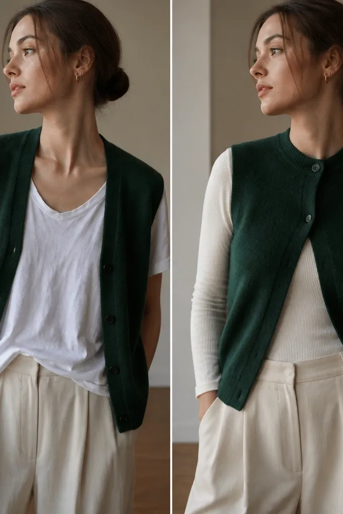 Before: a dark green sweater vest worn unbuttoned over a wrinkled white tee, with the neckline looking messy. After: the same vest is buttoned at the top and the tee is swapped for a smooth fitted knit; the chest line looks lifted and tidy.