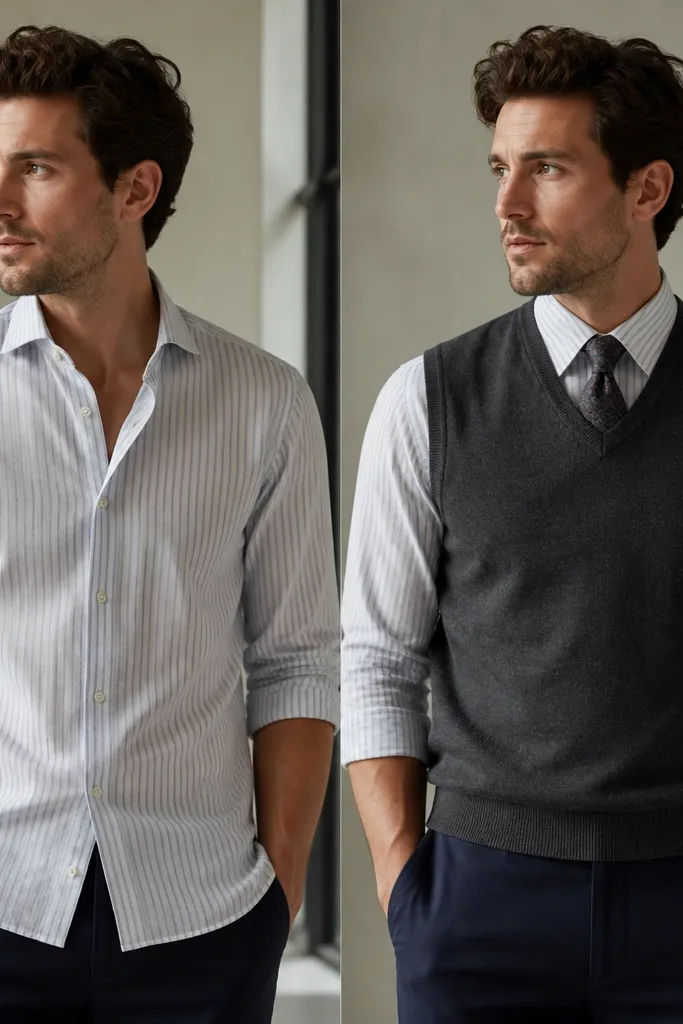 Before: a striped dress shirt worn alone with a loosened collar and rolled sleeves; it looks casual and slightly sloppy. After: the same shirt is layered with a charcoal sweater vest and a patterned tie tucked neatly; sleeves are rolled to show the shirt cuff edge.