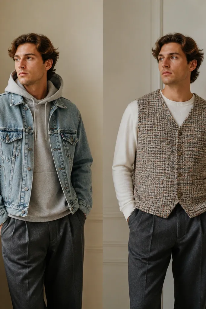 Before: a light denim jacket over a hoodie, with the hood visible and the outfit looking heavy. After: the hoodie is replaced with a thin crewneck, and the denim jacket is swapped for a textured tweed sweater vest; the overall look feels lighter and more polished.