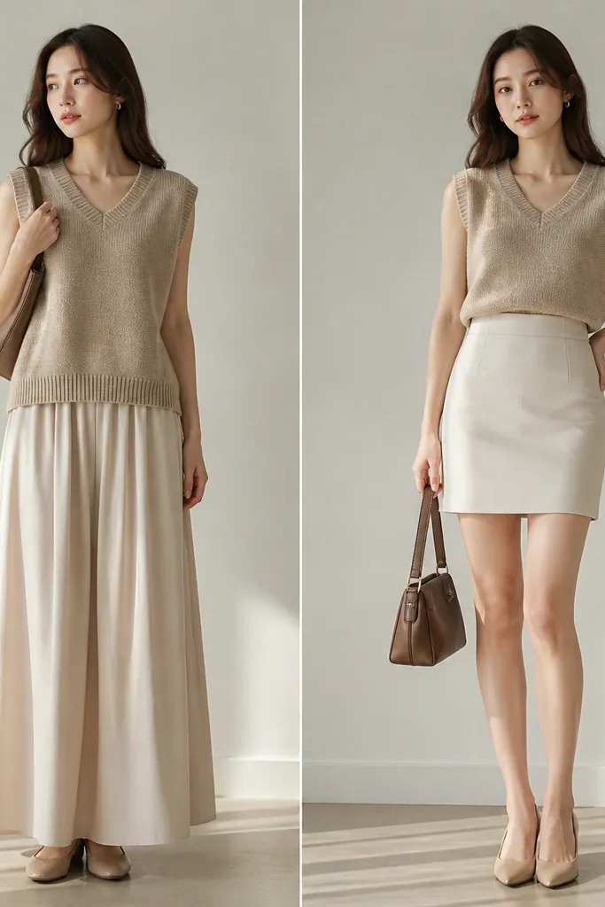 Before: a sweater vest worn with a long, loose maxi skirt and the vest hem sits mid-hip, making the torso look shorter. After: the skirt changes to a fitted midi or mini with a high waist; the vest hem hits right at the waistband and the outfit looks balanced.