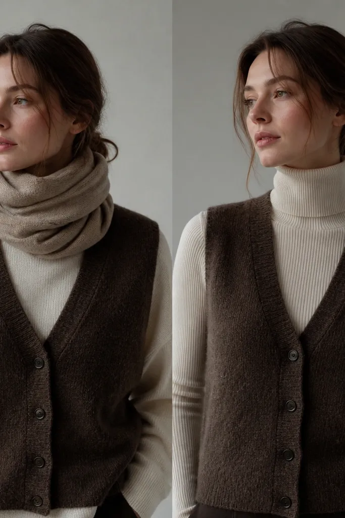 Before: a sweater vest layered over a bulky scarf and a loose crewneck, creating a cluttered neck area. After: the same vest is styled over a fitted ribbed turtleneck; the neck looks smooth, and the vest frames the face cleanly.