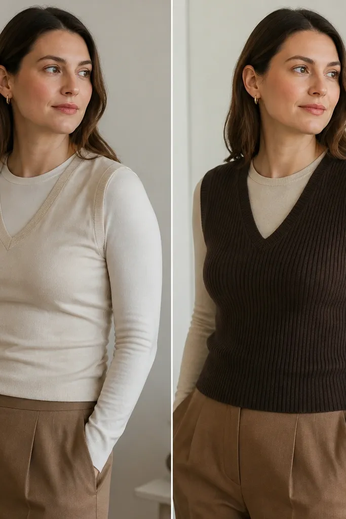 Before: a sweater vest in a non-stretch fabric pulled tight across the chest over a plain top, causing wrinkles. After: the top changes to a soft, stretchy knit and the vest is swapped for a ribbed, slightly stretchy option in a darker tone; the fit is smoother and the outfit looks streamlined.