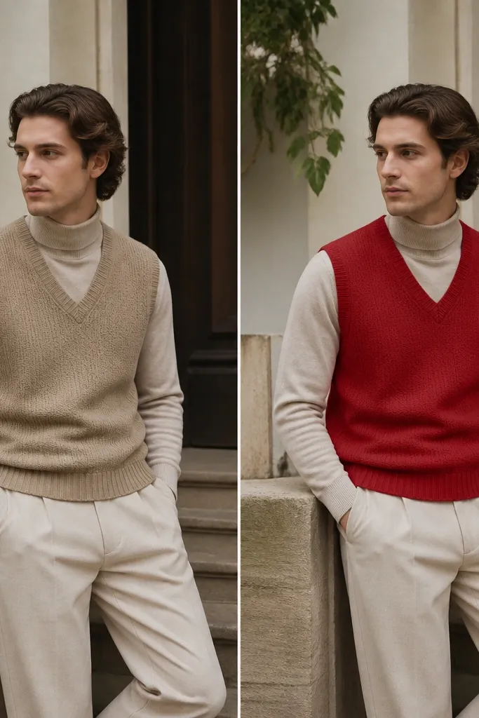 Before: a neutral outfit with a tan vest over beige pants and a beige sweater, looking washed out. After: the vest becomes a brighter red knit, while the shirt and pants stay neutral; the red vest stands out clearly in the photo and looks like a focal point.