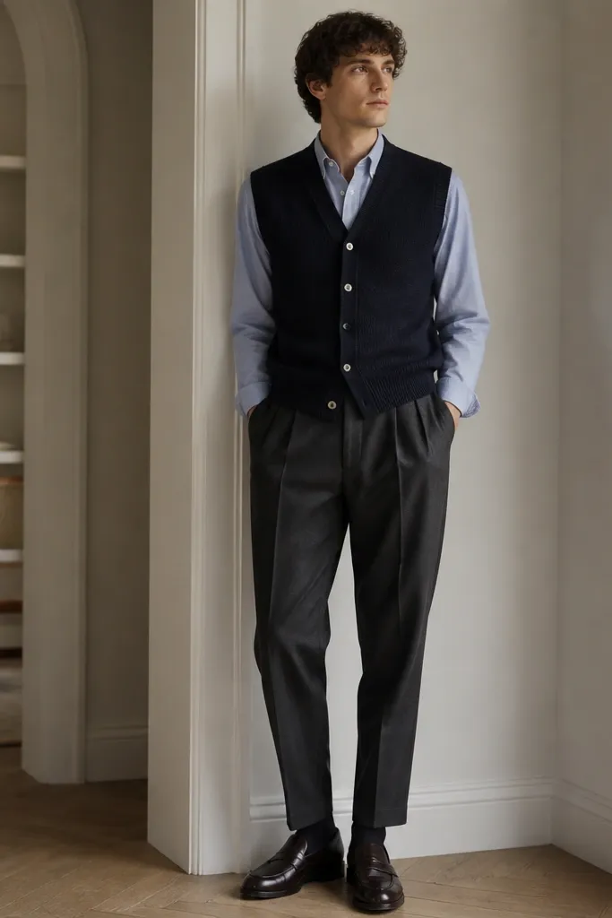 A dark navy button-up sweater vest with contrasting buttons over a light blue Oxford shirt. The pants are charcoal pleated trousers with a tapered ankle. The person is holding nothing in hand, suggesting pockets are being used for small items.