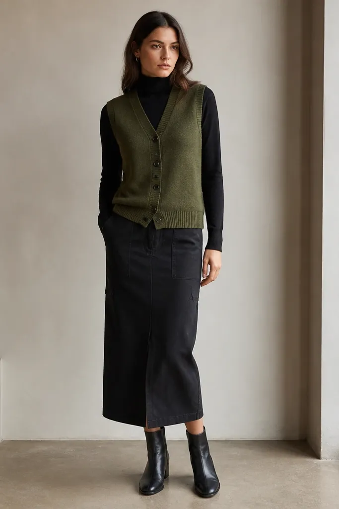 An olive-green button-up sweater vest over a fitted black turtleneck. The skirt is a minimal, straight silhouette with subtle utility seams. The look is finished with ankle boots and a crossbody-free vibe.