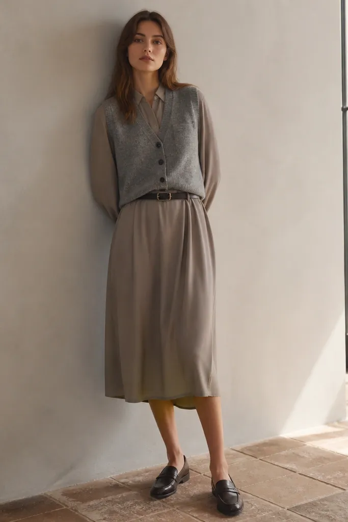 A heather gray button-up sweater vest layered over a simple midi dress in soft taupe. The vest has a subtle chest pocket seam that looks built-in rather than attached. The outfit is styled with loafers and a belt at the dress waist.