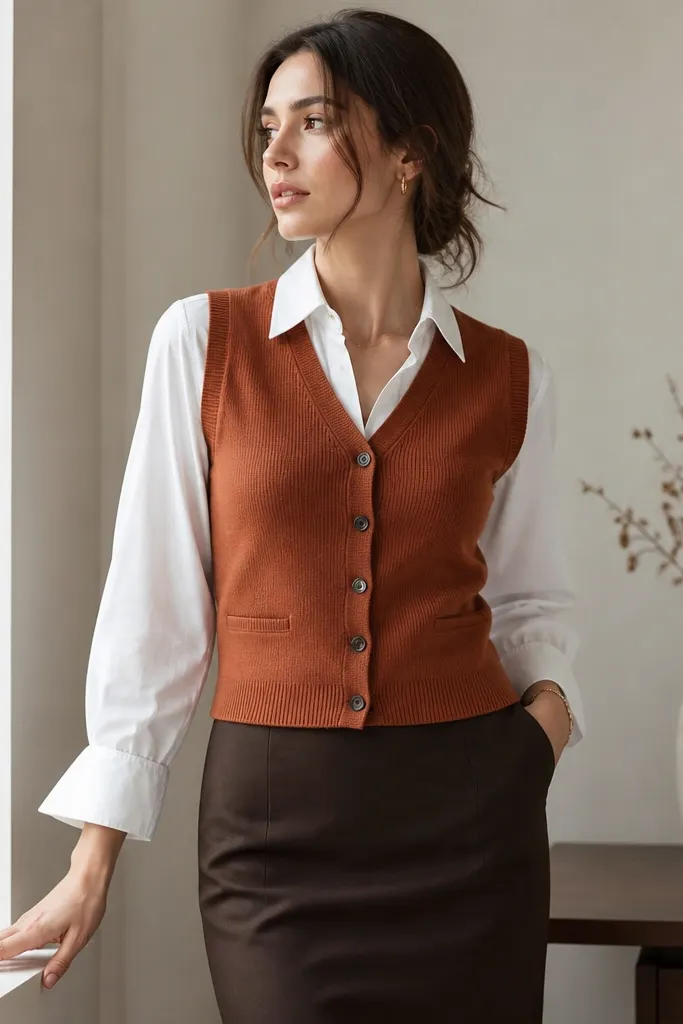 A rust-orange button-up sweater vest over a crisp white shirt. The skirt is a high-waist pencil style in dark brown or espresso. The vest shows a neat row of buttons and a side pocket bulge-free outline.