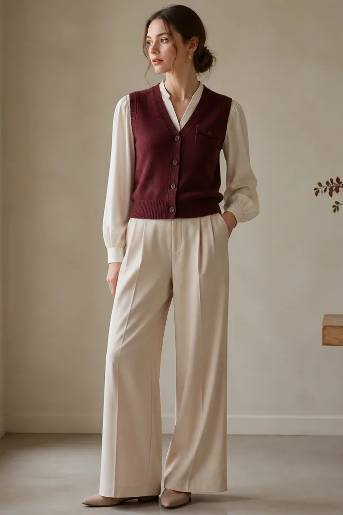A burgundy button-up sweater vest over a cream blouse with gentle puff sleeves. Wide-leg trousers in light beige fall smoothly to the ankle. The vest includes a visible interior pocket flap near the upper chest.
