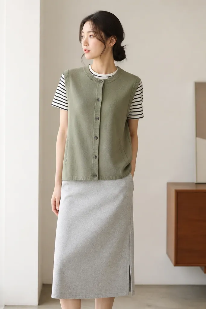 A sage green button-up sweater vest over a black-and-white striped tee. The skirt is a straight midi in light gray. The vest shows a side storage pocket seam and a clean button line.