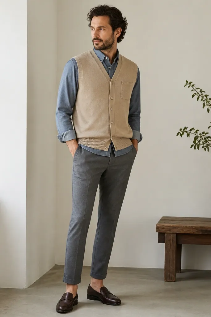 A sand beige button-up sweater vest worn over a chambray shirt. The pants are tapered and ankle-length in medium gray. The vest has a discreet chest pocket and looks clean and non-bulky.
