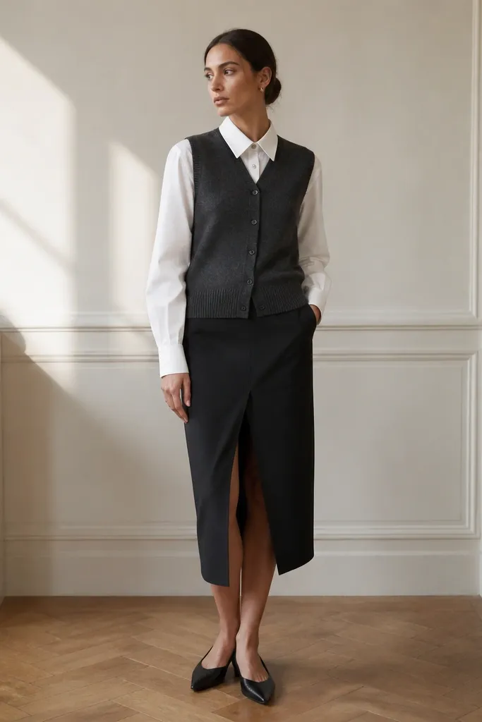 A charcoal gray button-up sweater vest over a white poplin shirt with a sharp collar. The pencil skirt is dark with a front slit, worn with pointed flats. A built-in side pocket seam is subtly visible.