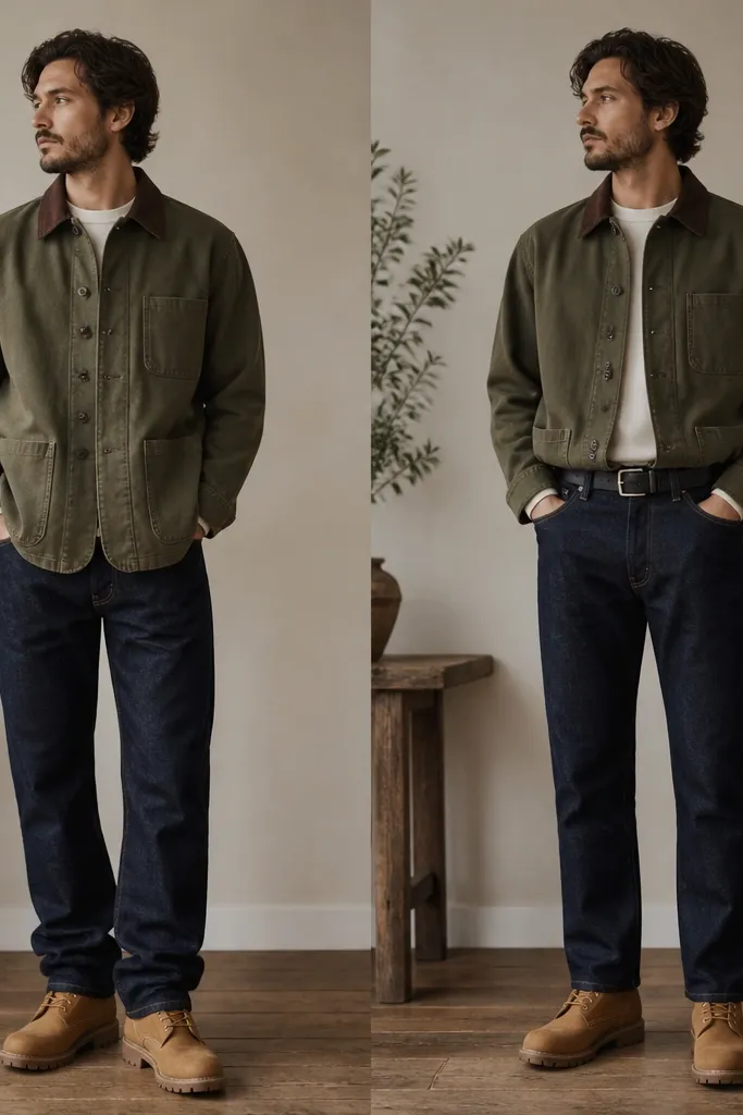 Two side-by-side outfits: tan Timberland boots with straight-leg dark denim and an olive chore jacket; the “before” has the jacket untucked and jeans slightly wrinkled, while the “after” shows the jacket lightly tucked with smoother denim and a black belt.