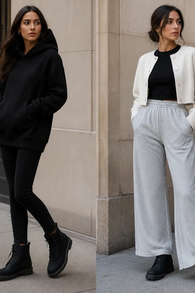 A two-photo layout: black Timberland boots with skinny jeans and a long black hoodie; the “after” shows the same boots with heather-gray wide-leg sweatpants and a cropped cream cardigan over a fitted black tee.
