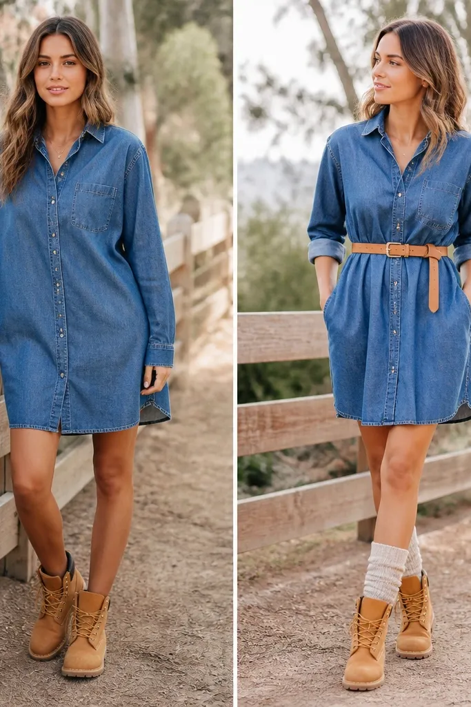 Two outfits photographed outdoors: tan Timberland boots with a denim shirt dress worn loose; the transformed version shows the same dress cinched with a tan belt at the waist and styled with chunky ribbed socks and a slightly rolled sleeve.