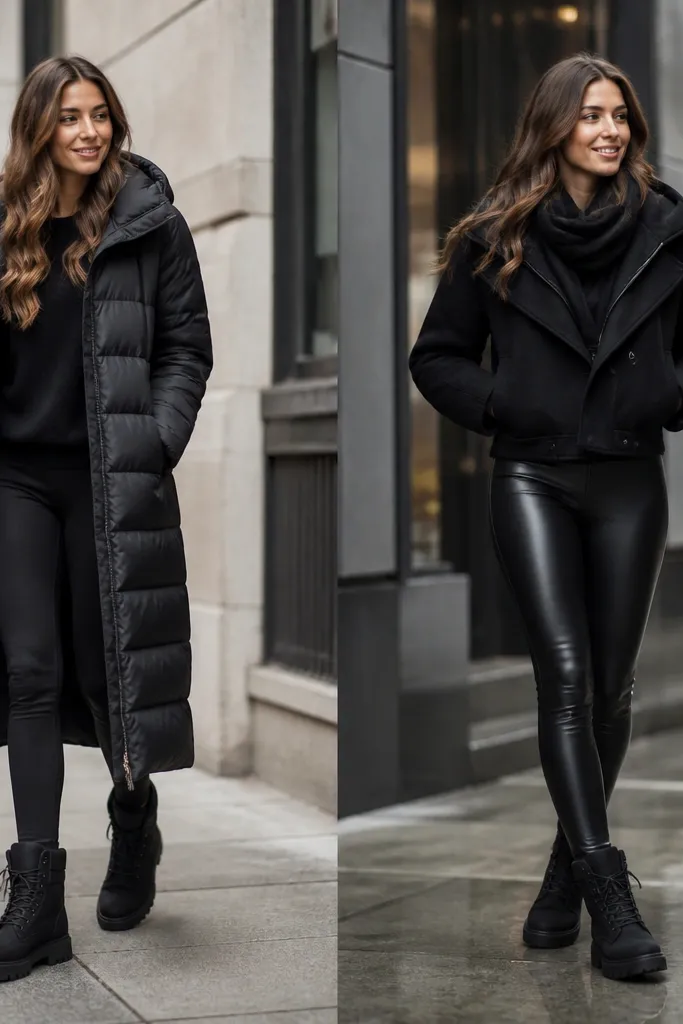 Two photos: black Timberland boots with black leggings and a long puffer; the “after” shows the same boots with faux leather leggings, a cropped black jacket, and a structured scarf tucked at the neck.