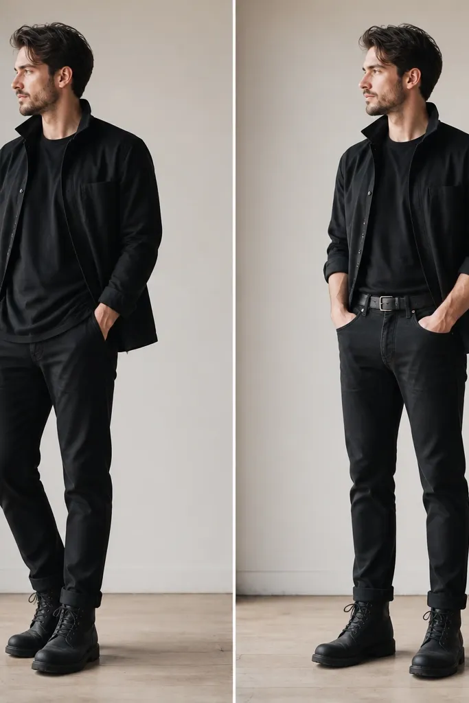 Side-by-side mirror images: black Timberland boots with a black jacket and untucked tee in the first; the second shows the tee tucked, sleeves rolled, and black jeans with subtle cuffing.