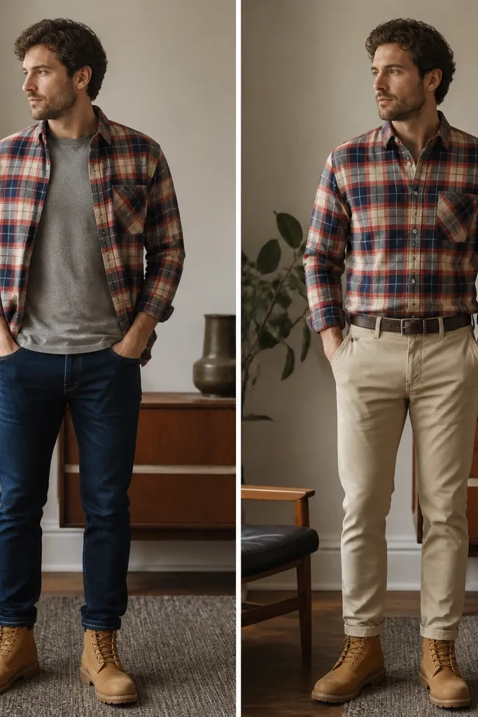 Two outfits: tan Timberland boots with a plaid flannel worn open over a gray tee and slim jeans; the “after” shows the flannel buttoned halfway, a belt, and straight chinos in khaki/stone.