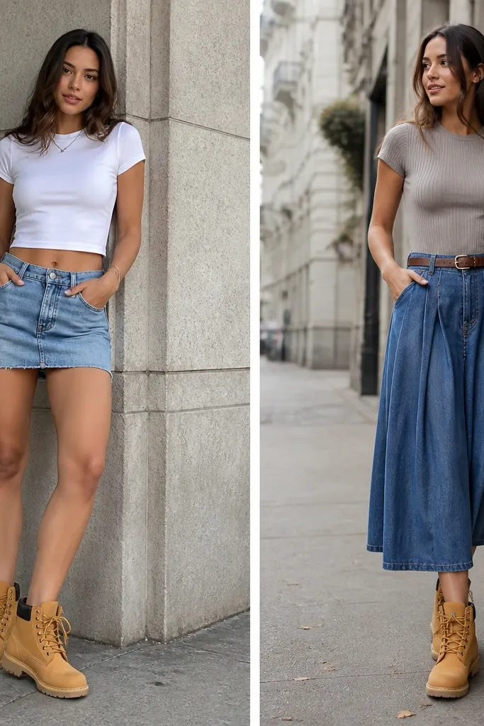 Two photos of a woman: tan Timberland boots with a denim mini skirt; the transformed look shows the same boots with a pleated denim midi and a slim brown belt, plus a tucked ribbed top.