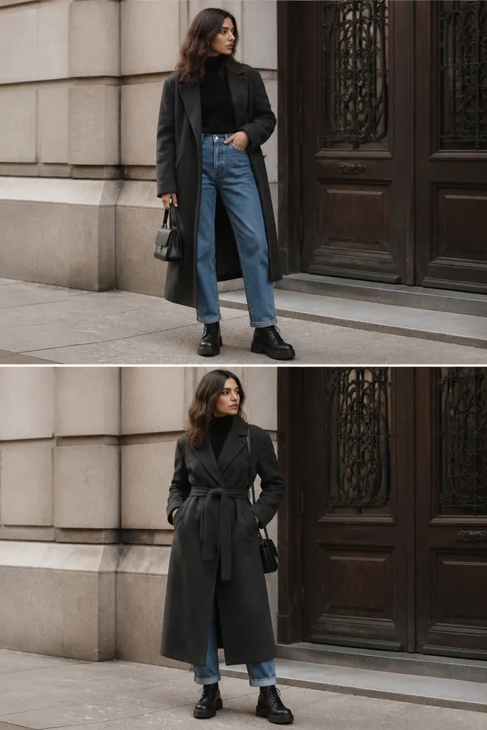 Two stacked outfits: black Timberland boots with high-waist jeans and a long wool coat, first with jeans untucked and no sock showing; second with jeans slightly cuffed, a small sock peek, and the coat belt tied at the waist.