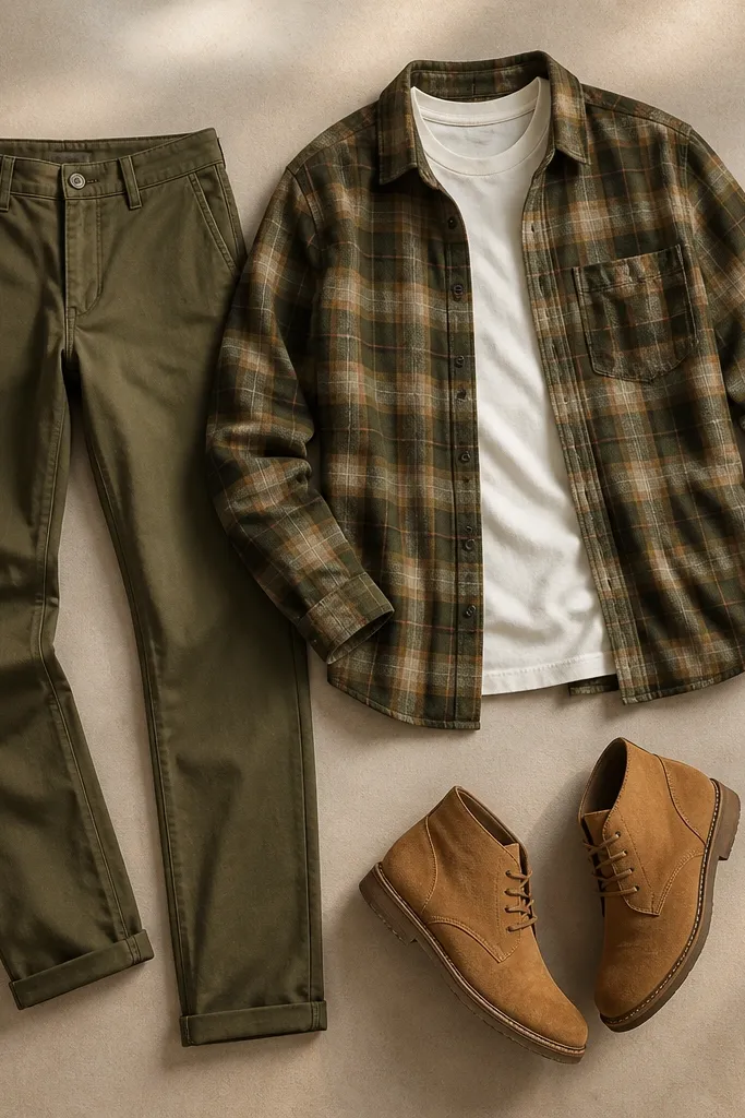 An outfit laid out in a flat-lay style: olive chinos with a slight taper, chukka boots in wheat/brown, a plaid overshirt in muted green and tan, and a simple crewneck tee underneath.