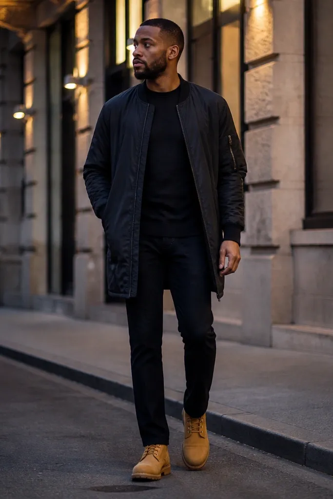 A street-style photo: brown Timberland boots paired with black straight trousers, a longline bomber jacket, and a dark fitted shirt. The lighting is evening-like, and the trousers have a crisp drape with minimal bunching over the boot.