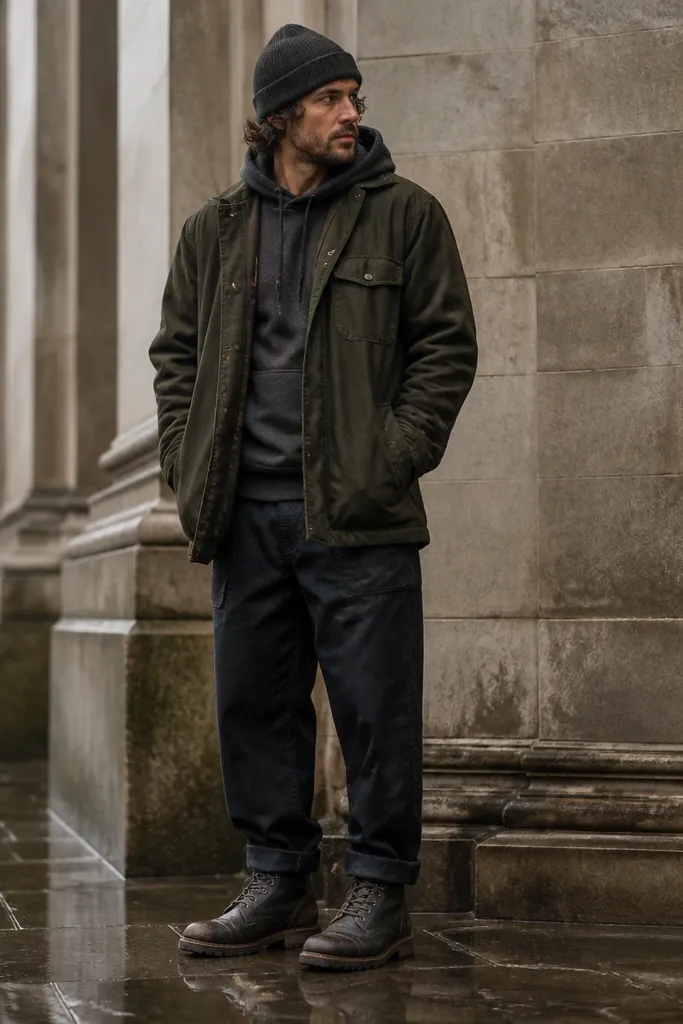 A rainy-day themed outfit photo: waterproof Timberland boots with a darker, weathered leather tone, a charcoal hoodie, and a waxed-cotton overshirt in deep olive. The ground looks wet, and the silhouette looks thick but organized.