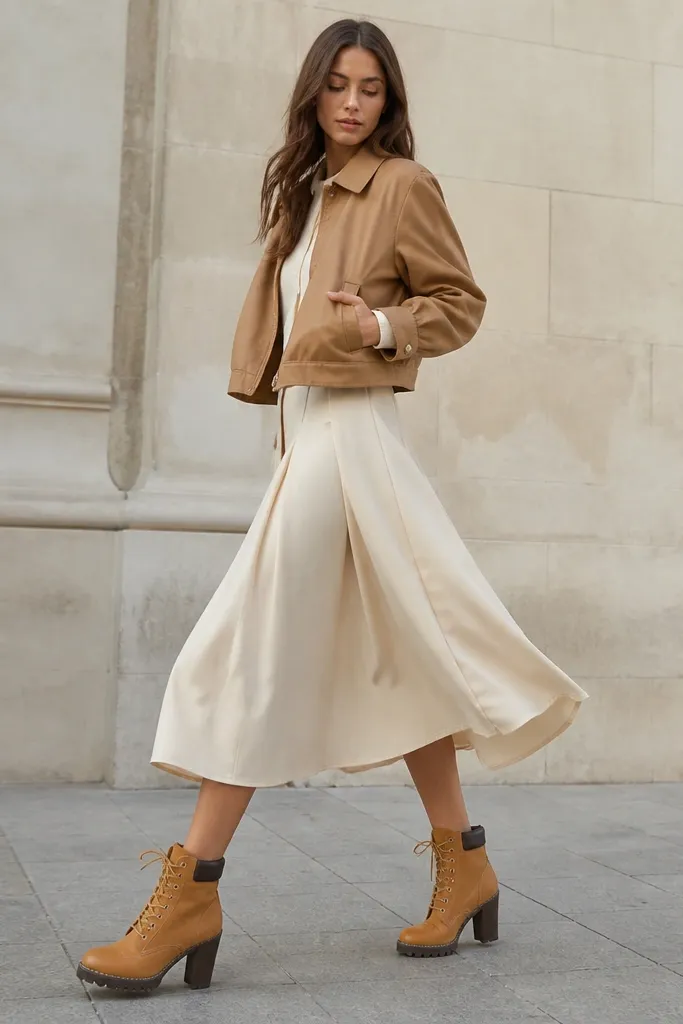 A fashion photo: women’s wheat Timberland boots with a medium heel-like boot profile, a midi skirt that hits mid-calf, and a cropped jacket in tan or brown. The skirt is slightly A-line, with visible movement as the model walks.