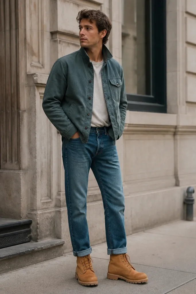 A casual street-style shot: Timberland boots with straight-leg jeans cuffed neatly, a shorter utility jacket in muted blue or olive, and a simple tee underneath. The look appears balanced around the hips and boot collar.