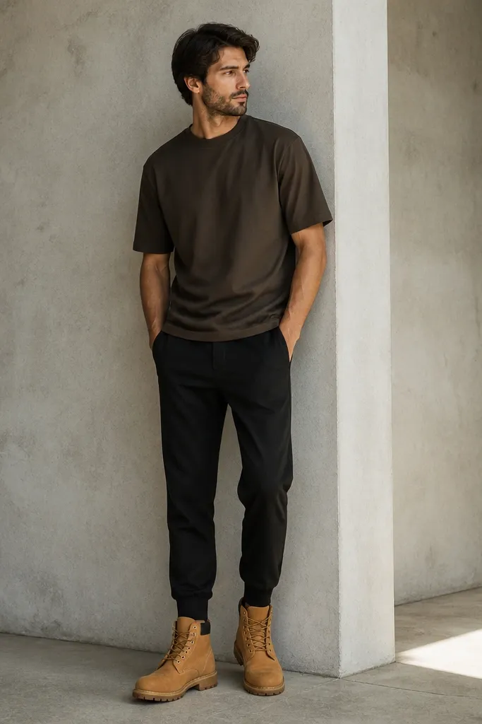 A men’s outfit photo: brown Timberland boots, tailored joggers that taper to the ankle, and a structured tee with a slight boxy fit. The ankle area is clean, with no bunching over the boot.