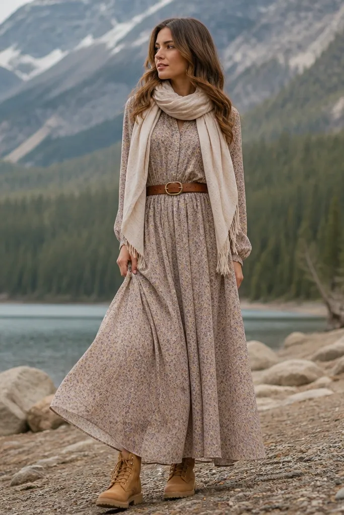 A styled photo: women’s wheat Timberland boots with a maxi dress that falls close to the ground but clears the boot, a belt cinching the waist, and a light scarf draped around the neck. The dress looks flowy with subtle patterning.