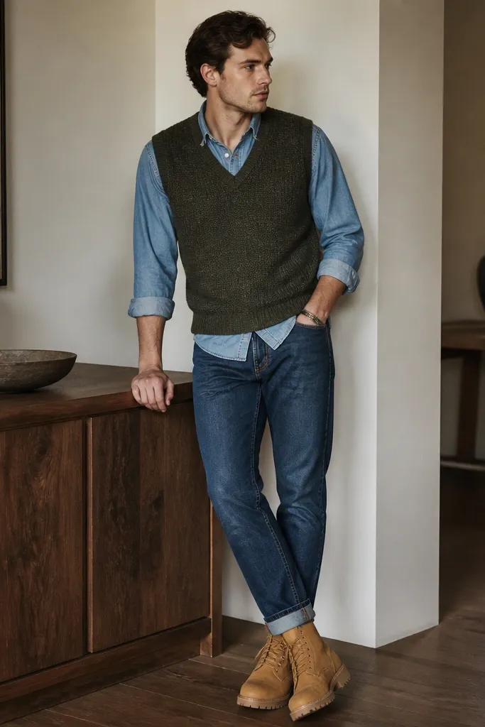 A layered outfit photo: Timberland boots, a chambray or denim button-down, and a knit vest over it. The pants are medium-wash denim or dark jeans, and everything looks neatly pressed.