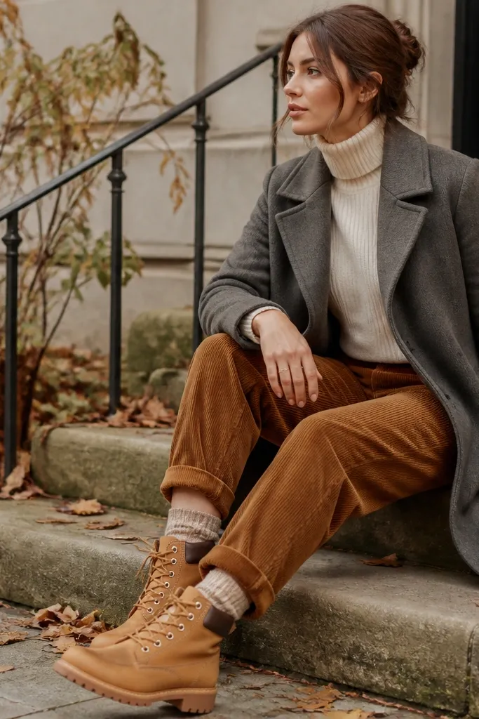 A cozy fall outfit photo: Timberland boots paired with warm corduroy pants in caramel or deep brown, a solid turtleneck in cream or rust, and a mid-length coat in neutral gray.