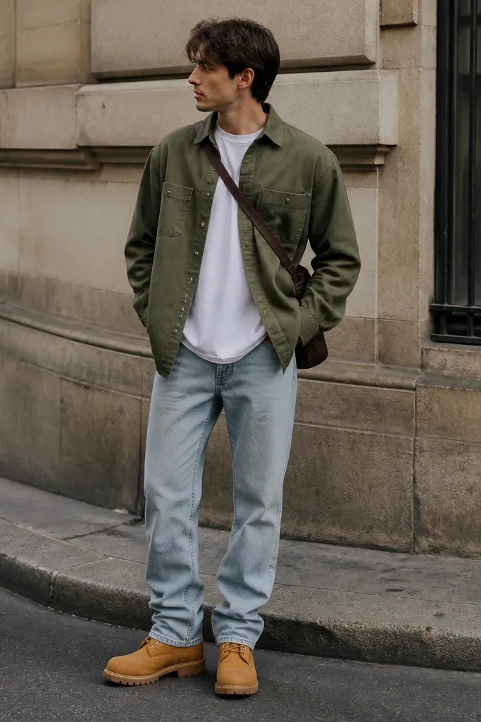 A casual street photo shows tan Timberland boots, an olive green overshirt over a white tee, and light wash straight-leg jeans. The outfit is styled with a crossbody bag and a slightly messy, relaxed stance.